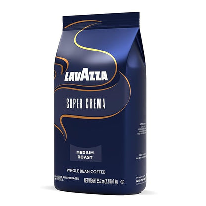 Lavazza Super Crema Whole Bean Coffee, Medium Espresso Roast, Arabica and Robusta Blend, 2.2 lb Bag (Pack of 5)