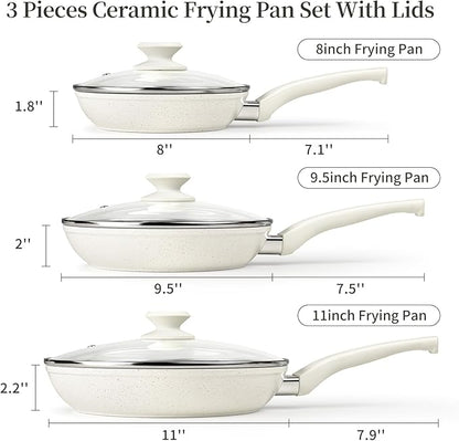 Ceramic Nonstick Frying Pan Set - White Pans With Lids, Induction Skillets for Eggs & Omelets, Healthy No Toxic Cookware, PFOA&PFAS Free