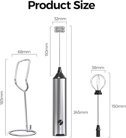 YARRAMATE Rechargeable Milk Frother Wand Handheld With Stand, 3 Speed Adjustable Drink Mixer with 2 Whisks, Stainless Steel Electric Stirrer for Coffee, Lattes, Protein Shakes, Matcha, Egg