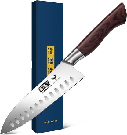 HOSHANHO Santoku Knife 7 Inch, Professional High Carbon Stainless Steel Kitchen Knife, Super Sharp Cooking Knife with Ergonomic Wood Handle