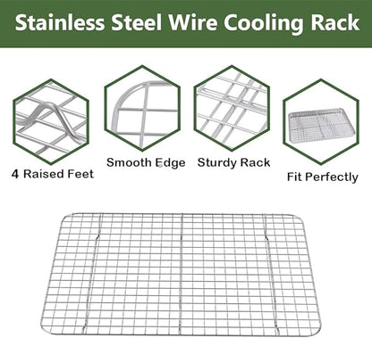 ROTTAY Quarter Baking Sheet Pan with Wire Rack Set [2 Pans + 2 Racks], Stainless Steel Cookie Sheet for Oven, Warp Resistant & Heavy Duty & Rust Free, Size 12 x 10 x 1 Inches