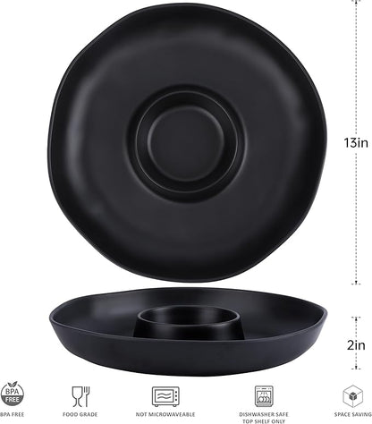 Chip & Dip Serving Set, 2 PCS Divided Cheeses Serving Platter, Relish Tray, Round Compartment Appetizer Set for Chips and Dip, Veggies, Candy and Snacks, Black, Set of 2