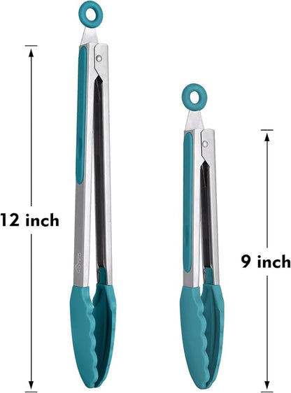 HOTEC Premium Stainless Steel Locking Kitchen Tongs with Silicon Tips, Set of 2-9" and 12", Turquoise