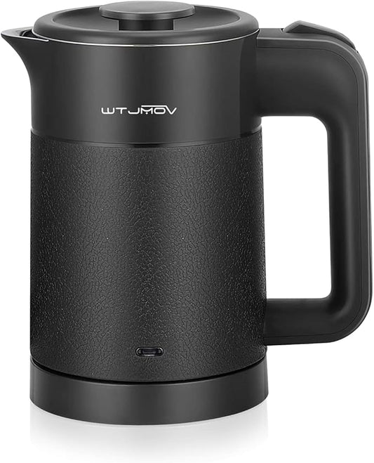 0.6L Small Electric Tea Kettle Lightweight, 20 Ounce Double Wall Hot Water Boiler Stainless Steel Auto Shut-off, 120V Portable Travel Electric Kettle Fast Boil for Tea and Coffee, Black