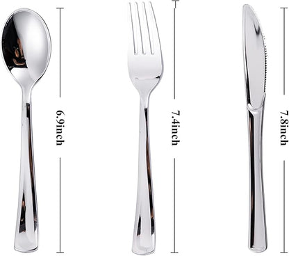 N9R 200PCS Silver Plastic Silverware Disposable Silver Plastic Silverware Cutlery Set, 100 Forks, 50 Spoons, 50 Knives for Party, Birthday, Wedding