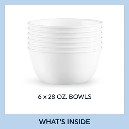 Corelle Vitrelle 28-oz Soup/Cereal Bowls Set of 6 Chip & Crack Resistant Dinnerware Bowls for Soup, Ramen, Cereal and More, Triple Layer Glass, Winter Frost White