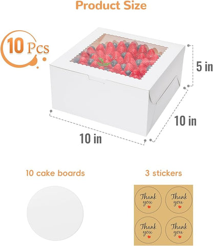 White Cake Boxes 10 Inch with Window, 10 Set Bakery Boxes with Cake Boards & Stickers, Cupcake Box for Birthday, Party, Wedding, Mother's Day, Valentine's Day, Christmas（10x10x5 inch）