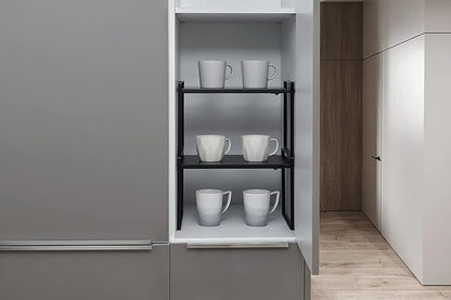 Nxconsu Expandable Cabinet Shelf Organizer Riser for Kitchen Pantry Cupboard Under Sink Countertop Home Storage Organization Rack Space Saver Freestanding Heavy Duty Nonslip Stackable Black Large