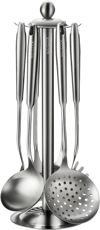 Cooking Utensils set, 18/8 Stainless Steel Kitchen Utensils set, 7 Pieces Cookware Set with Rotating Holder, Heat Resistant Stainless Steel Cooking Spoon(Dishwasher Safe)