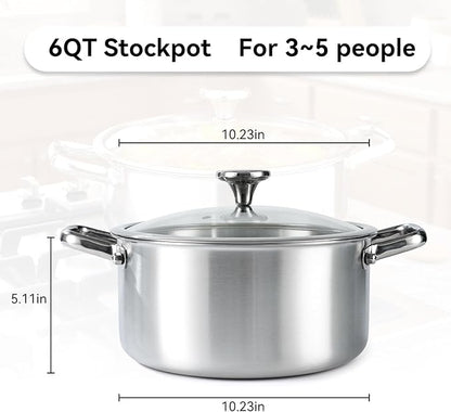6QT Stock Pot, 316L Stainless Steel Stockpot with Lid, Professional Multi-Use Soup & Pasta Cooking Pot, Oven, Gas and Dishwasher Safe