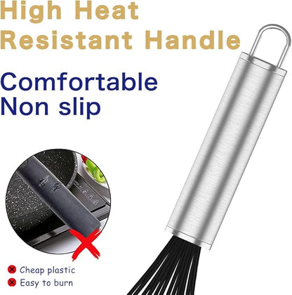 Silicone Whisk,3 pack Professional whisks for cooking non scratch,Stainless Steel & Silicone wisk,plastic rubber whisk for nonstick cookware,small silicone whisk set,black