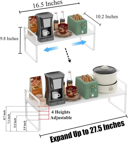 Expandable Kitchen Cabinet Shelf Organizers, Stackable Metal Pantry Storage Shelves Rack, Adjustable Counter Spice Shelf for Cabinets, Countertop, Cupboard Organizers and Storage, White