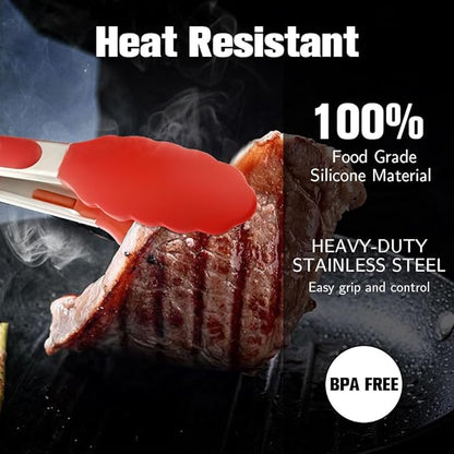 Kitchen Tongs 2 Pcs Tongs for Cooking 7 Inch 9 Inch Red Silicone Tongs Stainless Steel Locking Food Tong with Non-Slip Silicone Tips Heat Resistant Serving Tong for BBQ Grilling Salad Kitchen Utensil