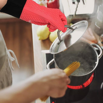 Kitchen Oven Gloves - Silicone Double-Layer Heat Resistant Oven Mitts/BBQ Gloves/Grill Gloves - Perfect for Baking and Grilling - 1 Pair (Small, Red Long)