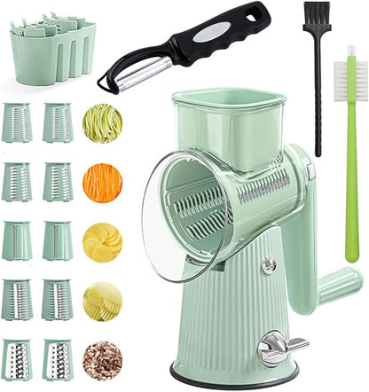 5 in 1 Rotary Cheese Grater Hand Crank, Replaceable Stainless Blades Cheese Shredder, Strong Suction Base Vegetable chopper Slicer with Cleaning Brush Peeler & Bonus Storage Box for Blades