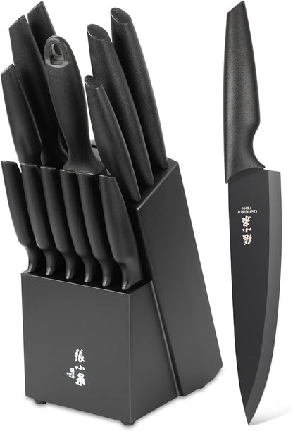Zhang Xiao Quan Since 1628 15-Piece Kitchen Knife Block Set with Sharpening Steel Knive Set Ergonomic Handle (Black)