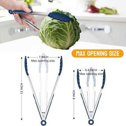 HOTEC Premium Stainless Steel Locking Kitchen Tongs with Silicon Tips, Set of 2-9" and 12", Classic Blue