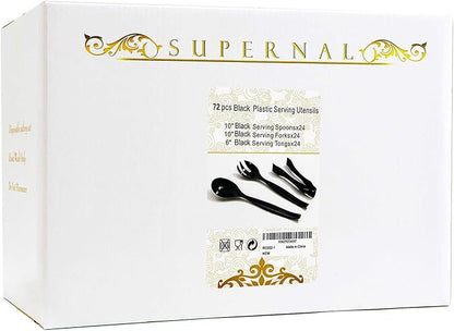 Supernal 72pcs Plastic Serving Utensils Heavy Duty Disposable Serving Tongs Black Disposable Serving Set 10" Spoons 10" Forks 6" Tongs Each 24pcs