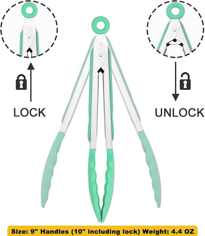 Kitchen Cooking Tongs with Silicone Tips 9-Inch Food Tongs, Set of 3 (Mint)