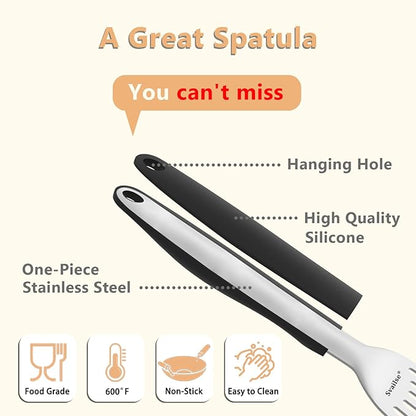 Fish Spatula Stainless Steel, Metal Spatula for Cast Iron Skillet, Slotted Turner with Silicone Handle for Cooking, Grilling, Flipping, Egg, Cookie, Pancake and Burger (Small and Large)