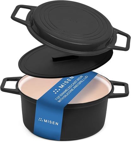 Misen 7 QT Enameled Cast Iron Dutch Oven - Chip-Resistant Enamel Coating - Thick Iron Core For Heat Retention - Large Cooking Surface - Oven Safe, Induction Compatible - Grill and Silicone Lid, Black