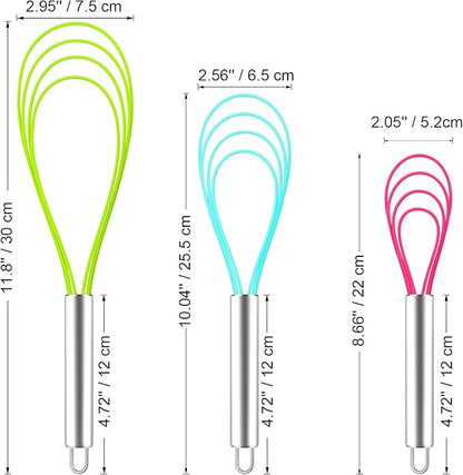 Webake Silicone Flat Whisk Set of 3, Heat Resistant Kitchen Whisks for Non-stick Cookware, Egg Beater Perfect for Blending, Whisking, Beating, Frothing & Stirring