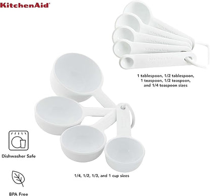 KitchenAid Universal Easy To Read Measuring Cup and Spoon Set with Soft Grip Handle for Maximum Control, Hang Hole and Nesting For Easy Storage, Dishwasher Safe, 9 Piece, White
