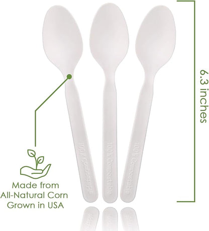 Ecovita 100% Compostable Spoons - 140 Large Disposable Utensils (6.3 in.) Eco Friendly Durable and Heat Resistant Alternative to Plastic Spoons with Convenient Tray