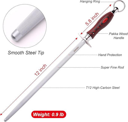 Azhou 12 Inch Superfine Honing Steel, HRC 65±1, T12 Carbon Steel with Sand Blasting, Knife Sharpening Kit with Wooden Handle, Professional Knife Sharpener