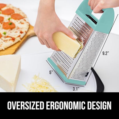 GORILLA GRIP 4-Sided 100% BPA-Free Cheese Grater With Container, Stainless Steel XL Box Graters, Parmesan Shredder, Grate Cheeses, Shred Veggies, Slip Resistant Handle, Dishwasher Safe Zester, Mint