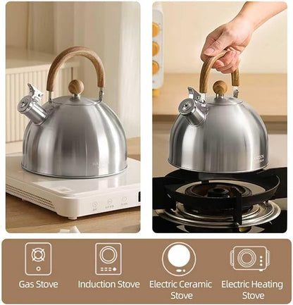 18/8 Stainless Steel Tea Kettle for Stovetop (5L / 5.29 Quart, Whistling Tea Pot, Wood Handle)-Silver