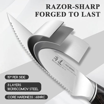 SHANGDAO Steak Knives Set of 6, Kitchen Steak Knife 4.5 Inch, 10Cr15CoMoV Core Steel High Carbon Stainless Steel Steak Knives, Serrated Steak Knife with Pakkawood Handle, Gift Box