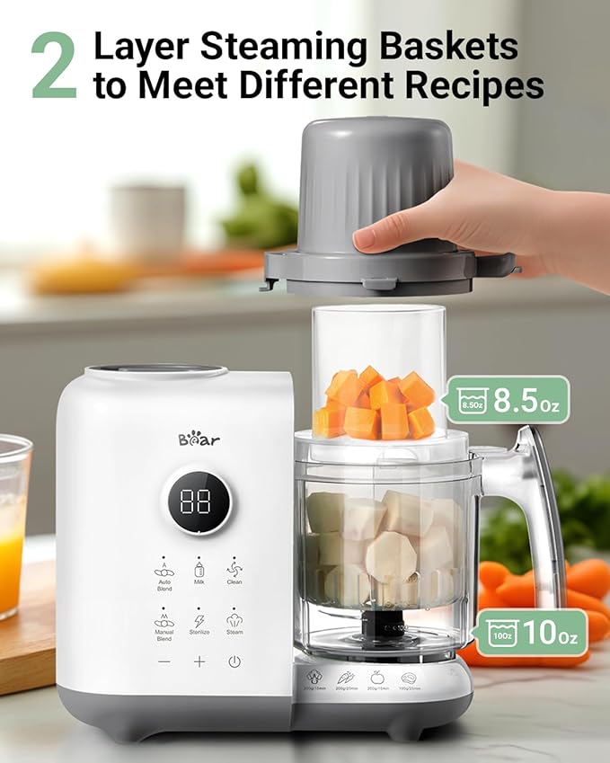 Bear Baby Food Maker with Two Layer Steam Baskets, One Step Baby Food Processor Steamer Puree Blender, Baby Food Mill with Bottle Warming Sterili-zing Auto Cleaning Function, BPA-Free, White