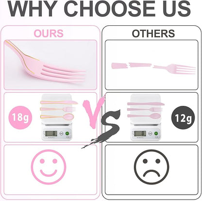 WDF 180 Pieces Pink Plastic Silverware with Gold -Pink Plastic Utensils Set - 60 Guest Pink Cutlery Disposable for Birthday/Party/Wedding