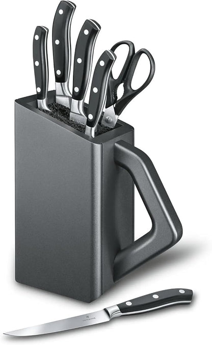 Victorinox Grand Maitre Cutlery Block - Modern Block with Knives - Includes Kitchen Scissors, Chef's Knife, Santoku & More - Black Handles, 6-Piece Set