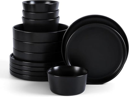 Stone Lain Celina Stoneware 12-Piece Dinnerware Set, Cereal and Pasta Bowls, Black, Coupe