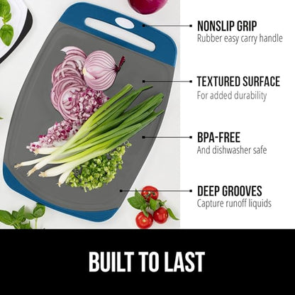 GORILLA GRIP BPA-Free Reversible Kitchen Cutting Board Set of 3, US Designed, Nonporous, Juice Grooves Catch Liquid, Slip Resistant Border, Dishwasher Safe, Durable Food Chopping Boards, Blue Gray