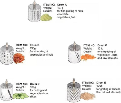 Rotary Cheese Grater Vegetable Potato Slicer Upgrade Stainless steel Rotary Handheld Grater Food Grater with 5 Blades for Vegetable Chesse Chocolate