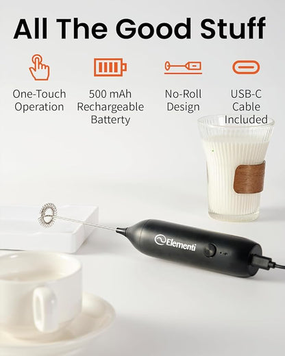 Elementi Milk Frother Wand Rechargeable Drink Mixer - Powerful USB-C Rechargeable Frother Handheld & Coffee Mixer Wand - Hand Held Milk Foamer to Make Perfect Cappuccinos, Lattes & Drink Mixes (Black)