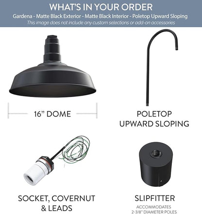 Steel Lighting Co. Gardena Barn Light | Outdoor Pole Top Mounted | 16" Dome | Upslope Gooseneck with Slip Fitter for 2-3/8" Standard Poles | Made in America | Matte Black Exterior/Matte Black Interior