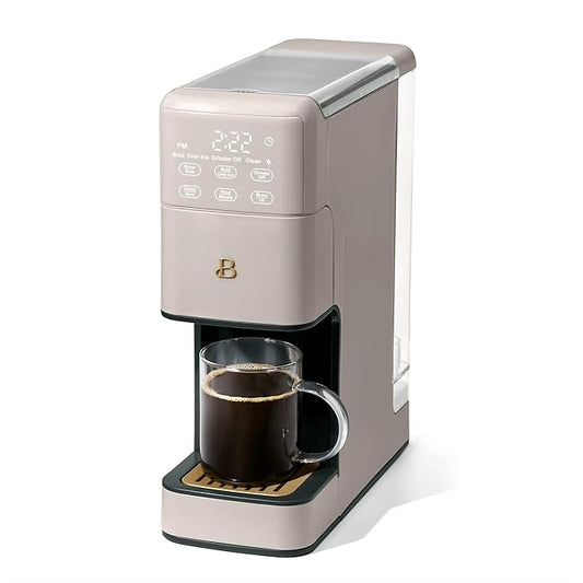 Beautiful Perfect Grind Programmable Single Serve Coffee Maker with Touch Display and Integrated Burr Grinder, Auto Coffee Strength Selection, 64oz Water Reservoir (Porcini Taupe)