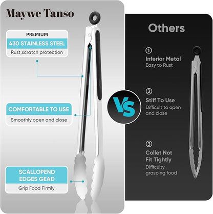Kitchen Tongs for Cooking,Maywe Tanso 12-Inch Stainless Steel Locking Cooking Tongs Food Tongs for Cooking,Grilling,Salad and Serving Food | Heavy Duty,Non-Stick,Black