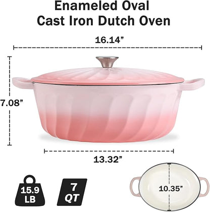 Enameled Oval Dutch Oven Pot with Lid, 7 QT Cast Iron Dutch Oven with Dual Handles for Cooking, Bread Baking, Frying, Non-stick Enamel Coated Oven (7 QT Gradient Pink)