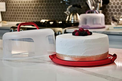 Top Shelf Elements Round Cake Carrier For Up To 10 Inch Cake Portable Cake Stands Two Sided Cake Box With Handle Fashionable Base Doubles as Five Section Serving Tray Container Holds Pies(Scarlet)