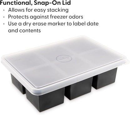 W&P Cup Cubes Silicone Freezer Tray with Lid, Charcoal, Makes 6 Perfect 1-Cup Portions, Freeze & Store Soup, Broth, Sauce, Leftovers, Dishwasher Safe