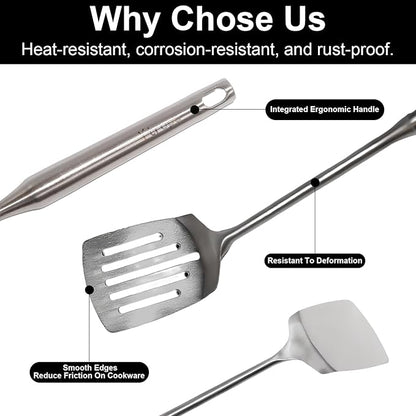 2 Pcs stainless steel spatula set,Heat Resistant metal spatula for cooking, kitchen utensils set Include Solid & Slotted Turner,Ergonomic Handle, Easy to Clean