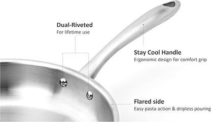 5-Ply Stainless Steel Frying Pan, Full 5-Ply Clad, Brushed, Induction Cooking Pan, Oven Safe, Dishwasher Safe (12'' Stainless Steel Frying Pan)
