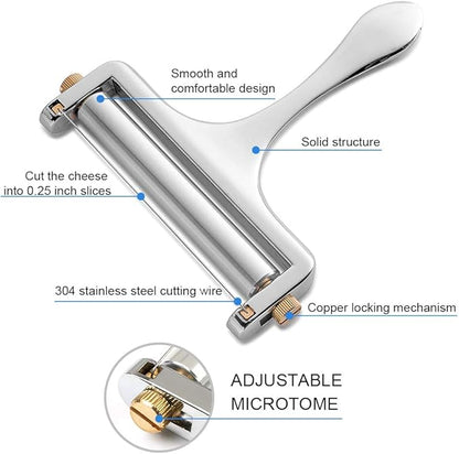 NANEEZOO Cheese Slicer, Adjustable Thickness Heavy Duty Stainless Steel Cheese Slicers With Wire for Soft & Semi-Hard Cheeses - 4 Replacement Stainless Steel Cutting Wire Included (Silver)
