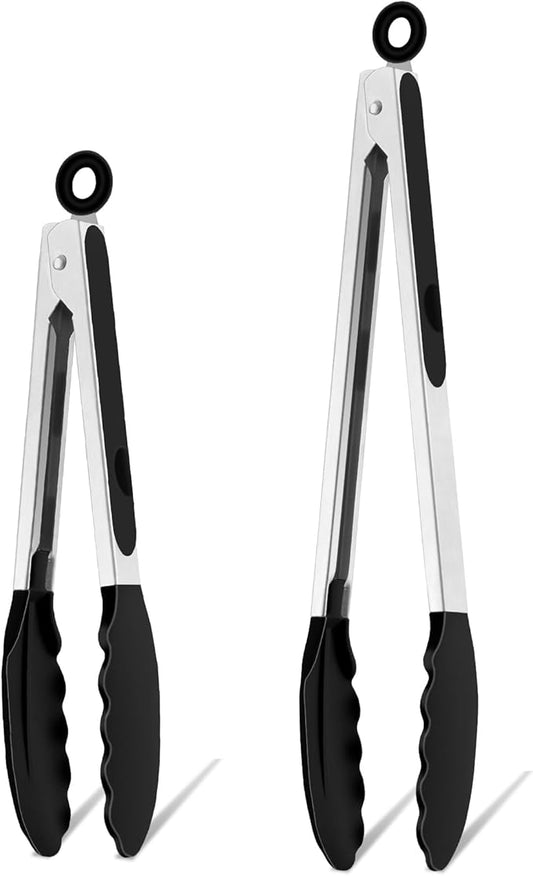 TeamFar Kitchen Tongs, 9" and 12" Stainless Steel Cooking Tongs with Silicone Tips for Cooking Grilling Serving & BBQ, Heat Resistant Silicone Tongs, Locking Design & Dishwasher Safe, Set of 2 & Black
