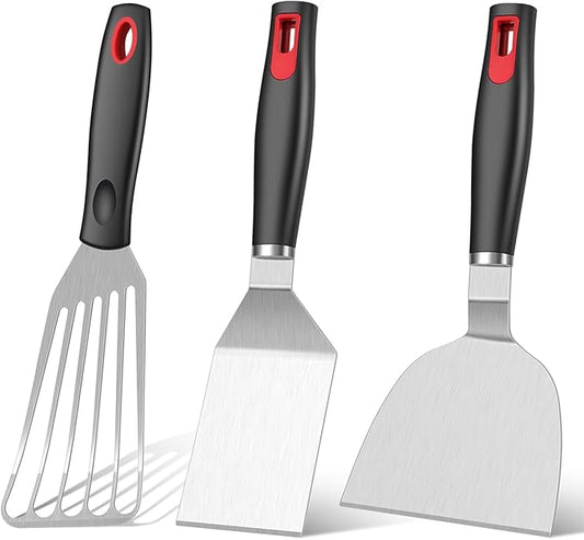 Stainless Steel Spatula Set - Cast Iron Skillet Spatula with Silicone Handle, Turner Flipper for Pancake, Burger, Egg Cooking & BBQ Grill